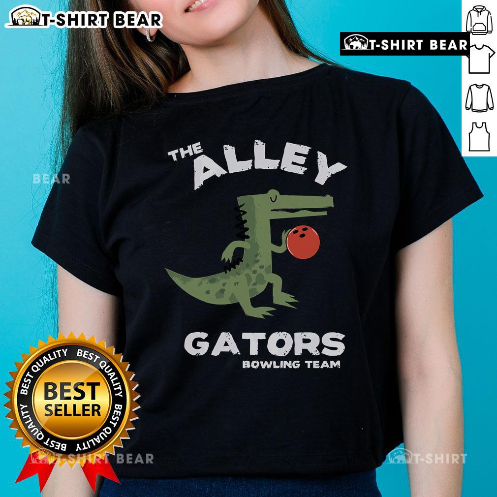 Alt Text: Top The Alley Gators Bowling Team Ladies Tee featuring vibrant graphics and a comfortable fit for bowling enthusiasts.
