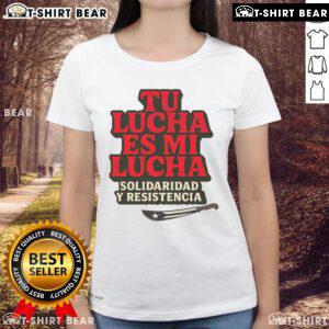 Top Tu Lucha Es Mi Lucha ladies tee featuring vibrant design and bold text, perfect for empowering women in wrestling.