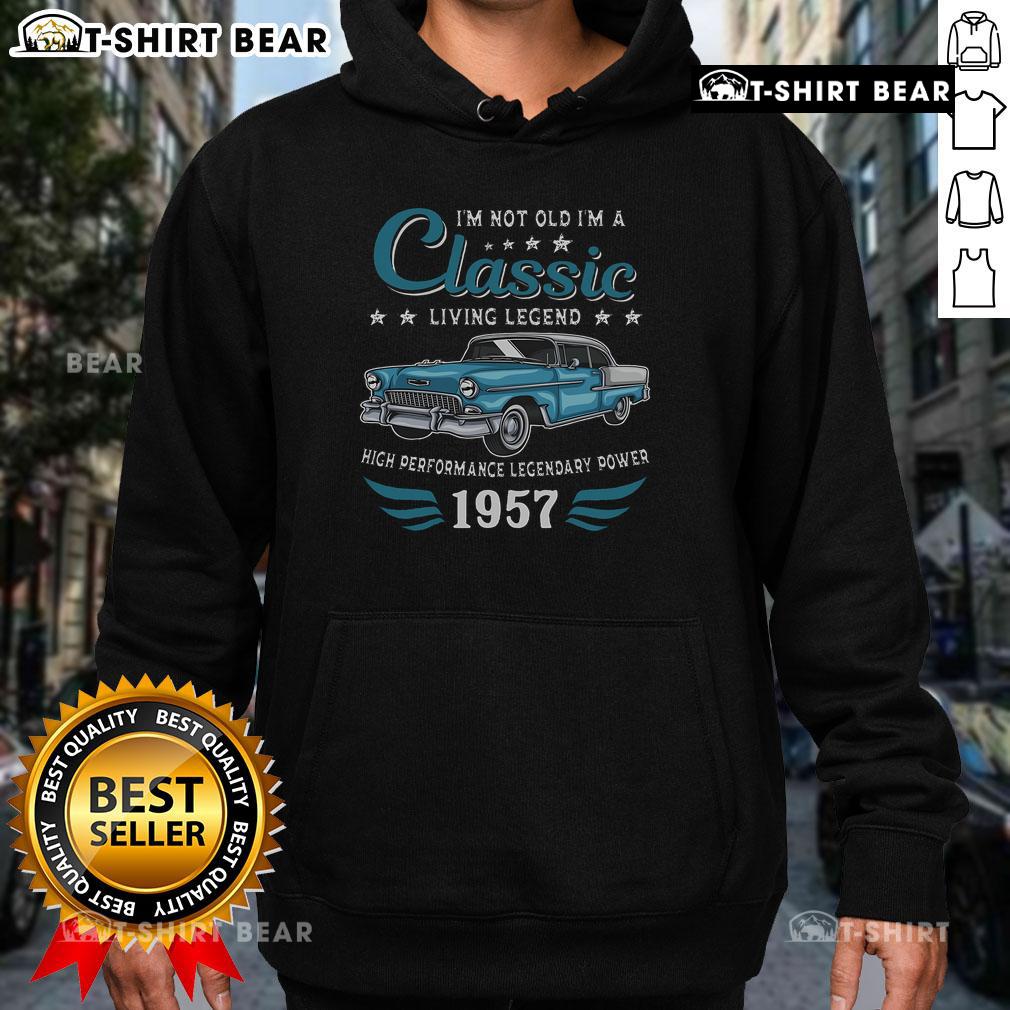 Vintage 1957 classic car hoodie for legends born in 1957, showcasing a stylish design celebrating iconic automotive history.
