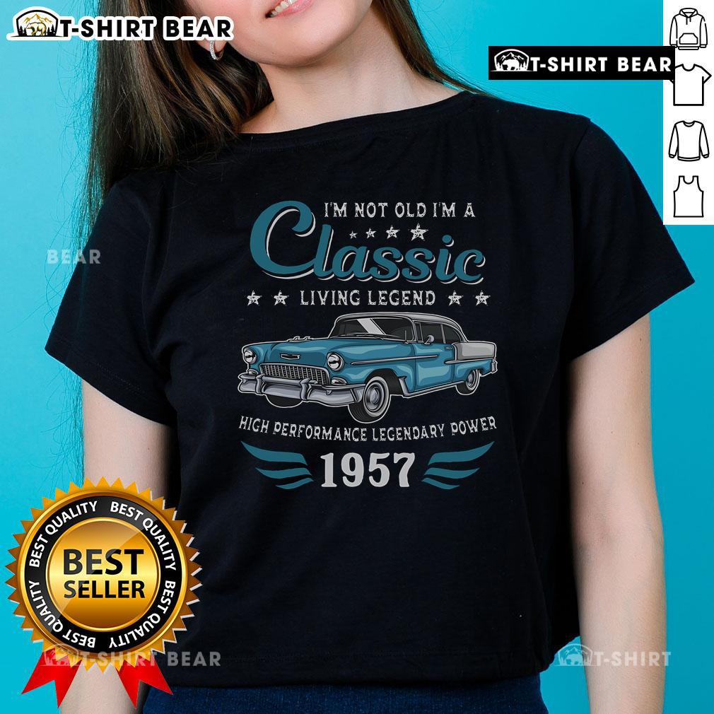 Vintage 1957 classic car graphic on a ladies tee, perfect for legends born in 1957. Stylish and nostalgic design.