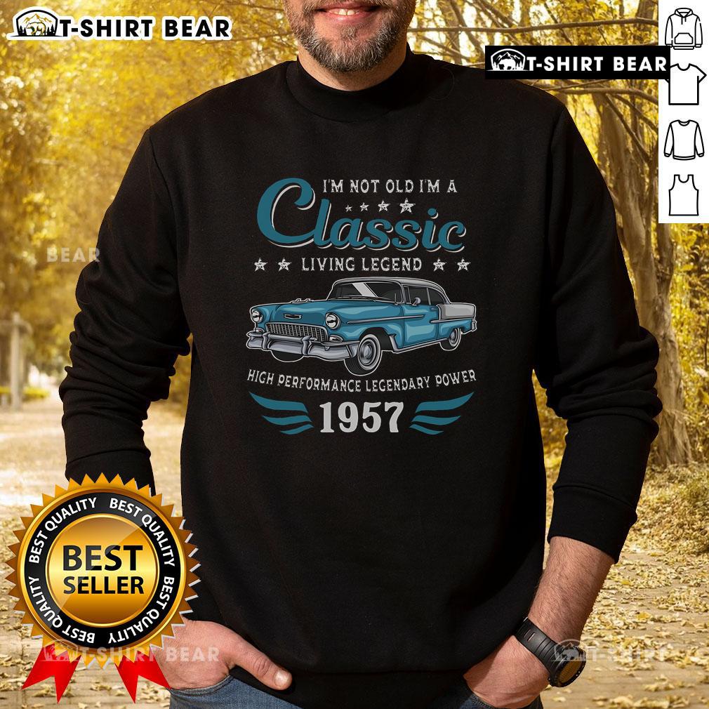 Vintage 1957 birthday sweatshirt featuring a classic car design, perfect gift for legends born in 1957.