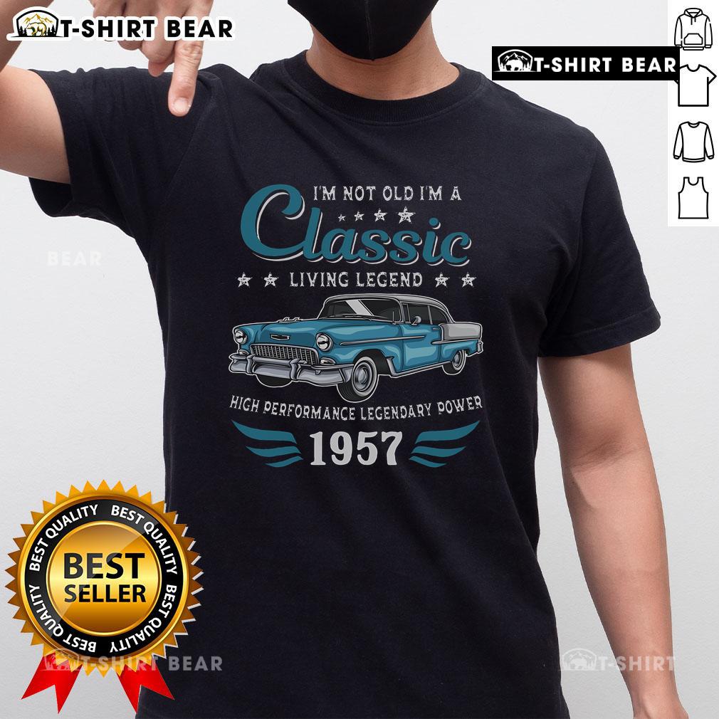 Vintage 1957 birthday classic car T-shirt design for legends born in 1957, featuring retro graphics and vibrant colors.