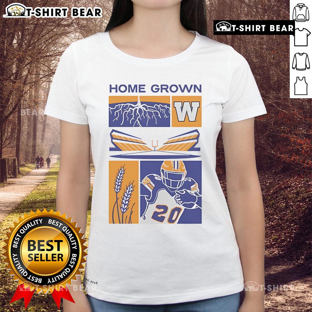 Top Winnipeg Blue Bombers football home-grown ladies tee featuring team colors and logo, perfect for fans.