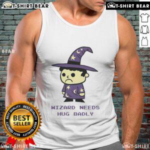 Top Wizard Needs Hugs Badly tank top featuring a whimsical design, perfect for casual wear and magical enthusiasts.
