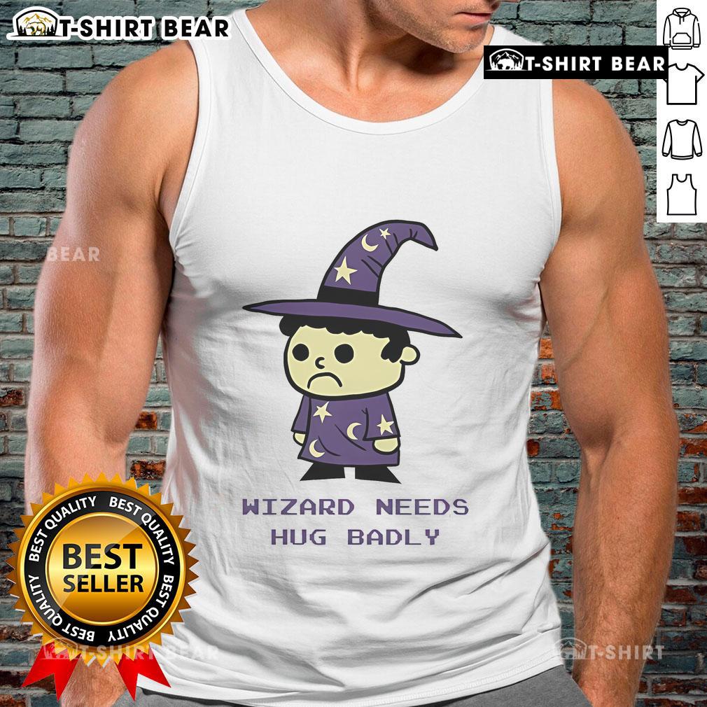Top Wizard Needs Hugs Badly tank top featuring a whimsical design, perfect for casual wear and magical enthusiasts.