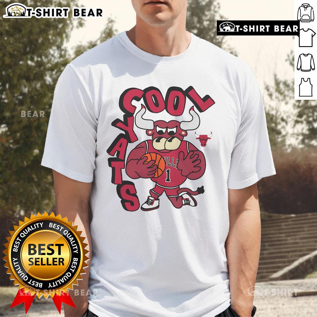 Alt Text: Good Chicago Bulls Stadium Essentials NBA x Staycool mascot t-shirt featuring vibrant design and team logo.