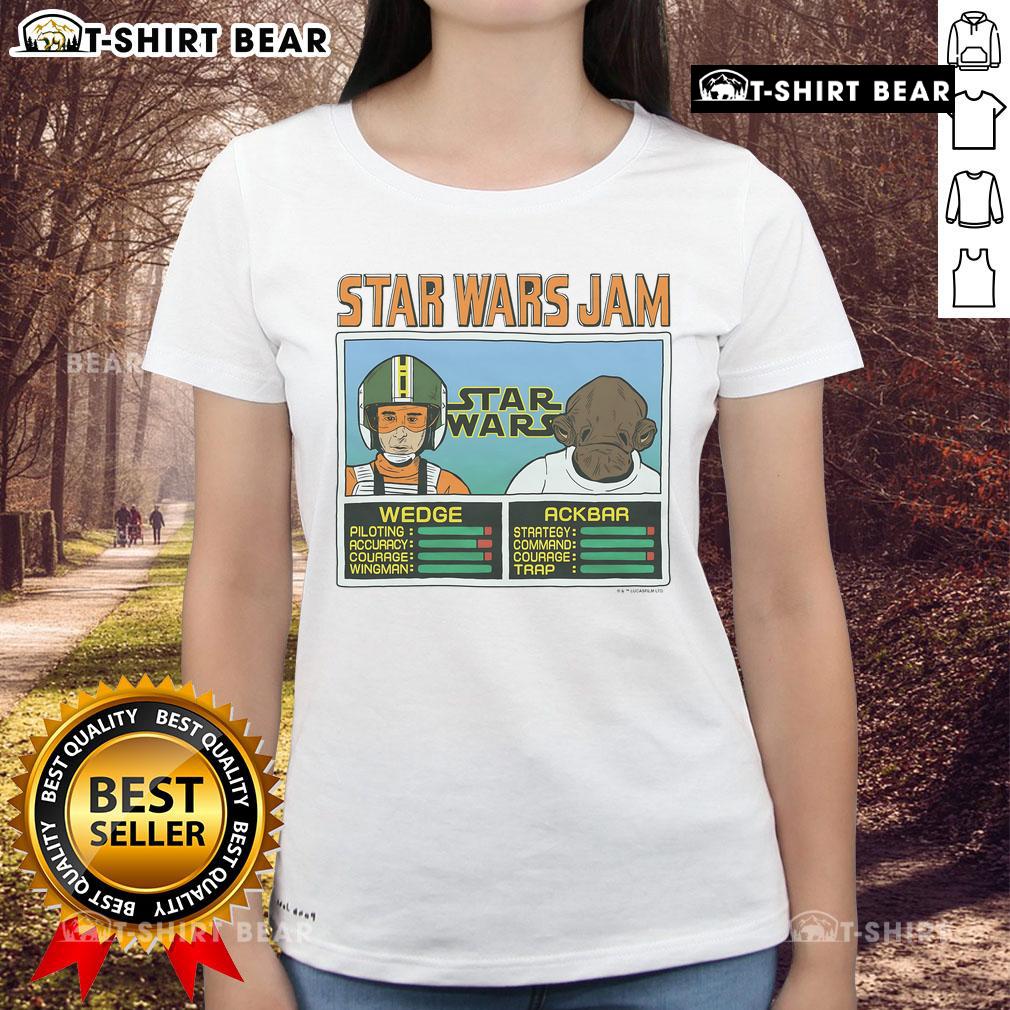 Good Star Wars Jam Wedge and Ackbar ladies tee featuring iconic characters in a stylish design for fans.