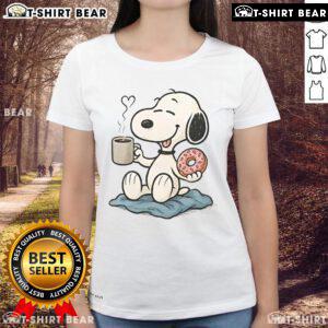 Cute ladies tee featuring Snoopy with a donut and coffee, perfect for peanut lovers and casual wear.