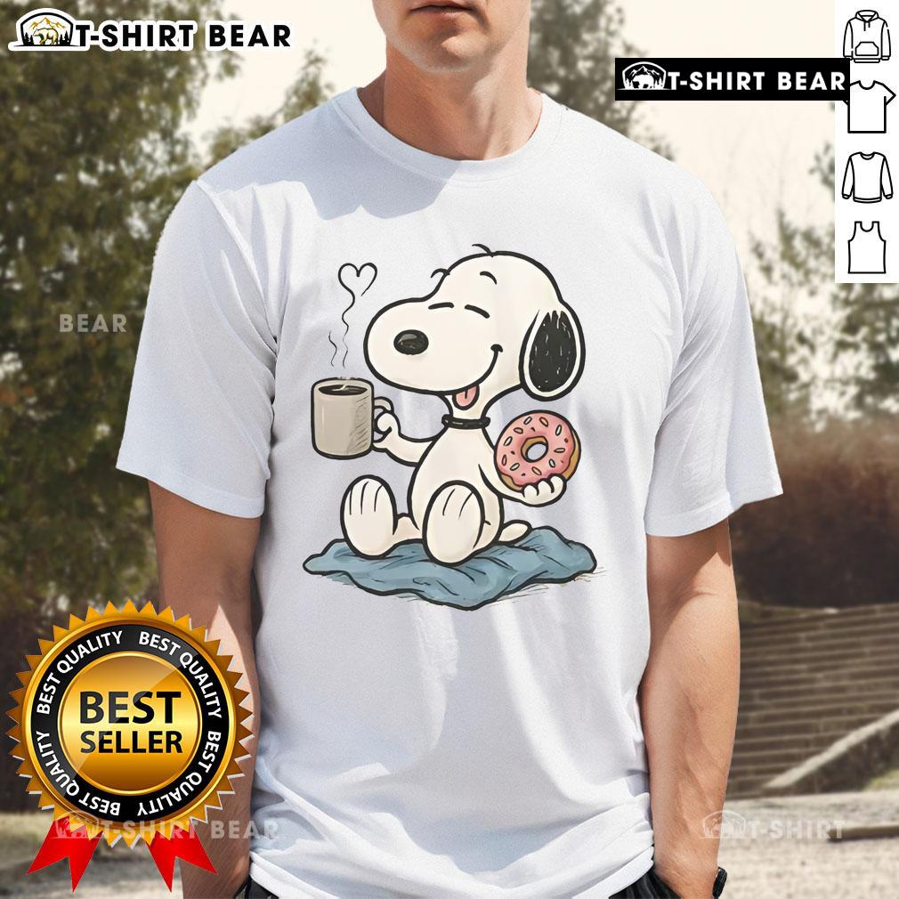 Alt Text: Nice Peanuts Donut Coffee Snoopy T-Shirt featuring a playful Snoopy design with donuts and coffee elements.