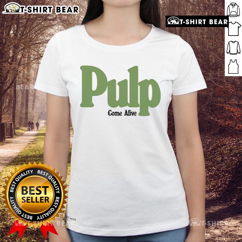 Ecru ladies tee featuring 'Nice Pulp Come Alive' design, perfect for casual wear and stylish outfits.