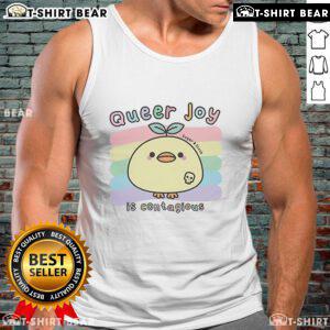 Alt Text: Colorful Sugar And Sloth tank top featuring the phrase 'Nice Queer Joy Is Contagious' in bold lettering.