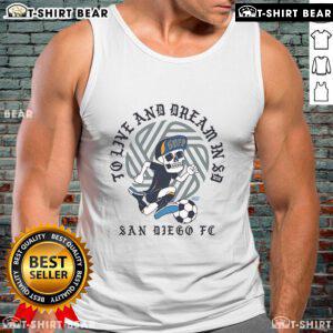 San Diego FC tank top featuring 'To Live and Dream in SD' design, perfect for fans and summer wear.