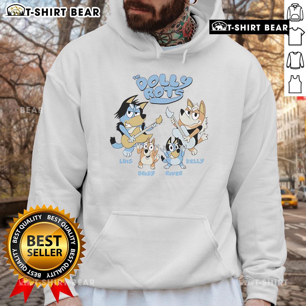 Nice The Dollyrots Luis Daisy River Kelly wearing Blueyrots hoodie, showcasing vibrant colors and stylish design.