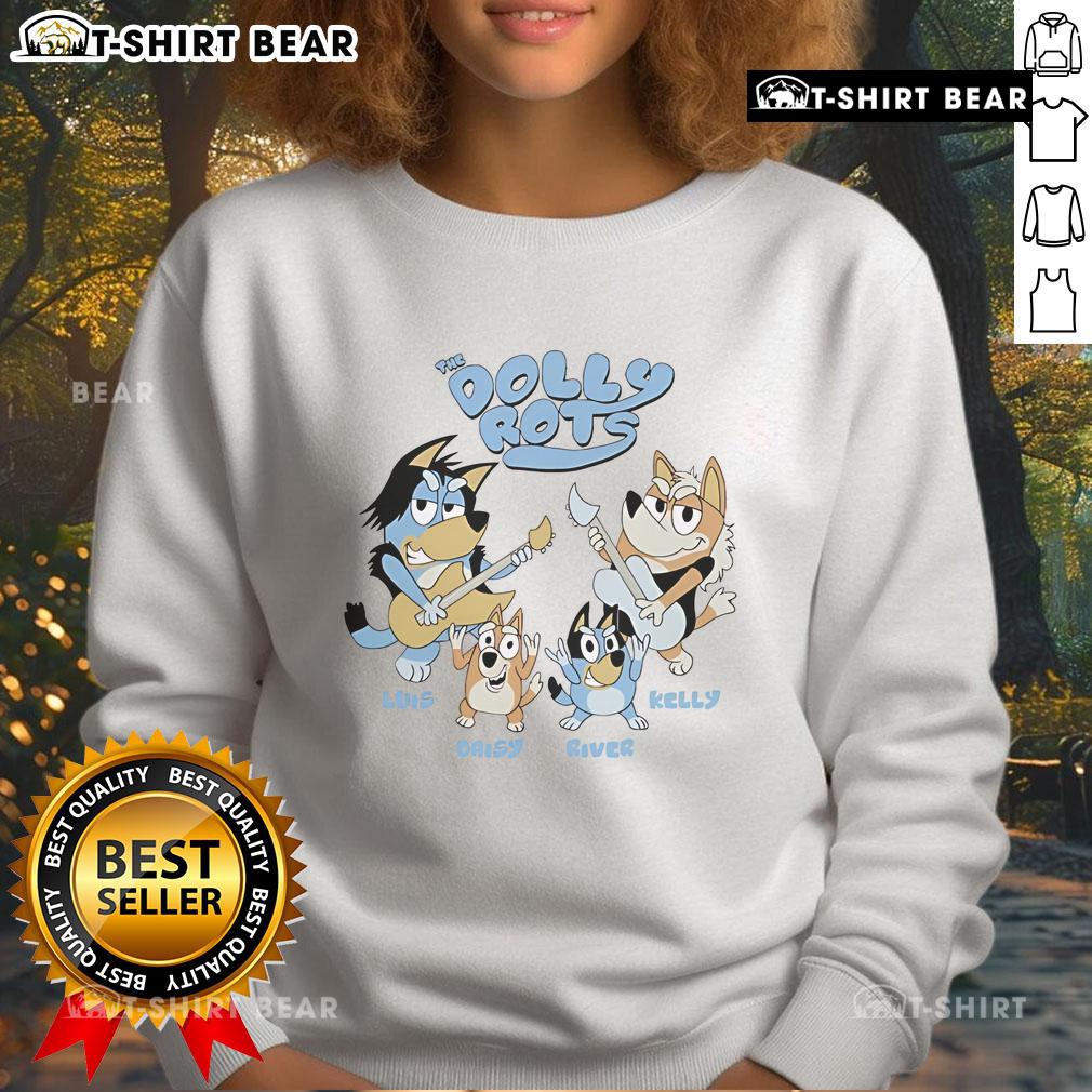 Nice The Dollyrots sweatshirt featuring Luis, Daisy, River, Kelly, and Blueyrots in vibrant colors and playful design.