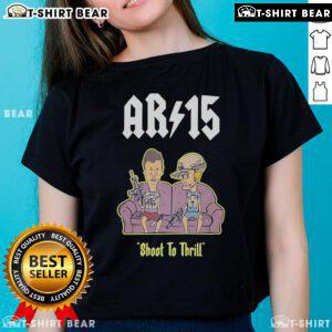 Alt Text: Official Beavis and Butthead AR-15 Shoot to Thrill ladies tee featuring vibrant graphics and stylish design.