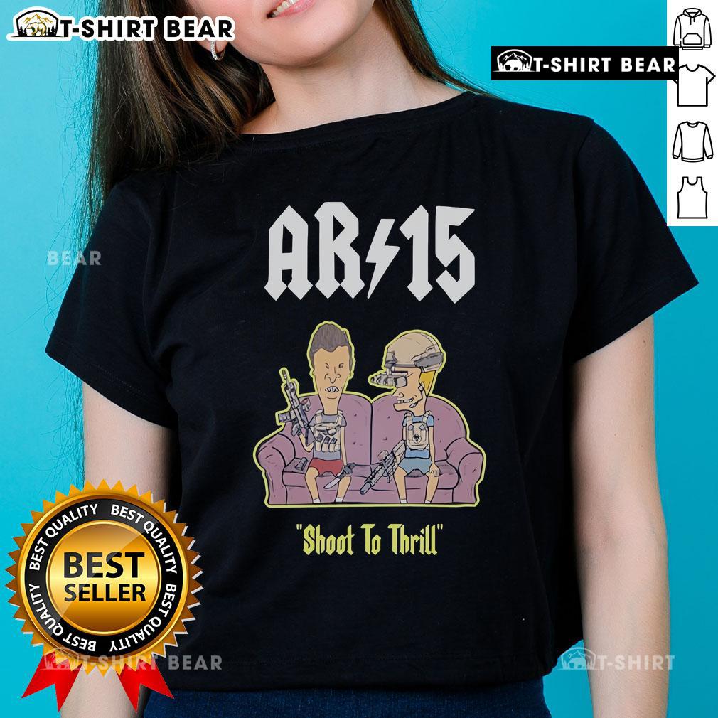 Alt Text: Official Beavis and Butthead AR-15 Shoot to Thrill ladies tee featuring vibrant graphics and stylish design.