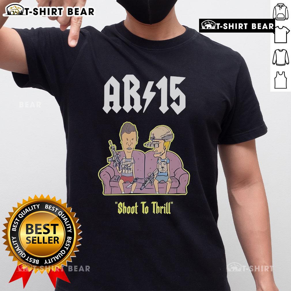 Official Beavis and Butthead AR 15 Shoot to Thrill sofa t-shirt featuring iconic characters in a playful design.