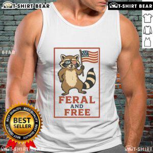 Official Feral and Free raccoon tank top featuring the American flag design, perfect for patriotic animal lovers.