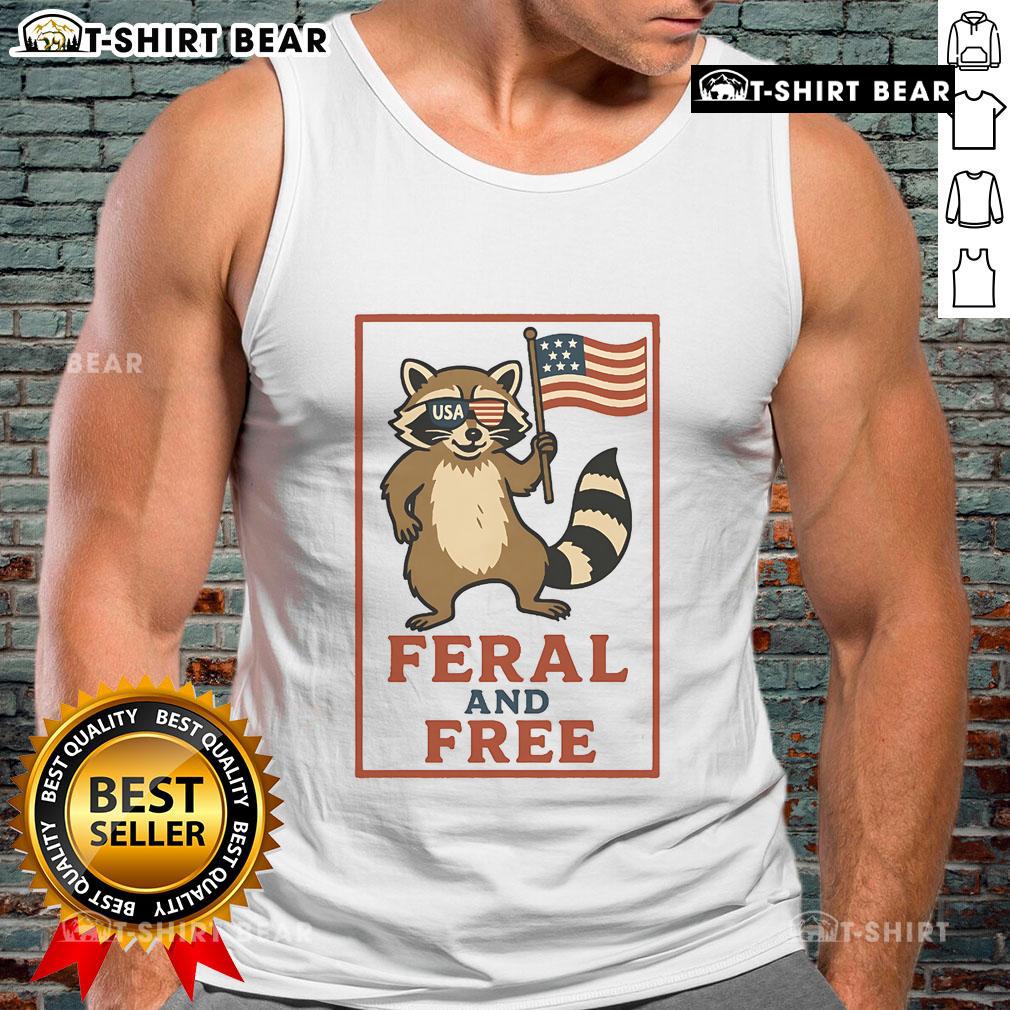 Official Feral and Free raccoon tank top featuring the American flag design, perfect for patriotic animal lovers.