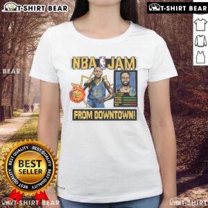Official Golden State Warriors Stephen Curry Homage Royal NBA Jam Ladies Tee featuring vibrant team colors and design.