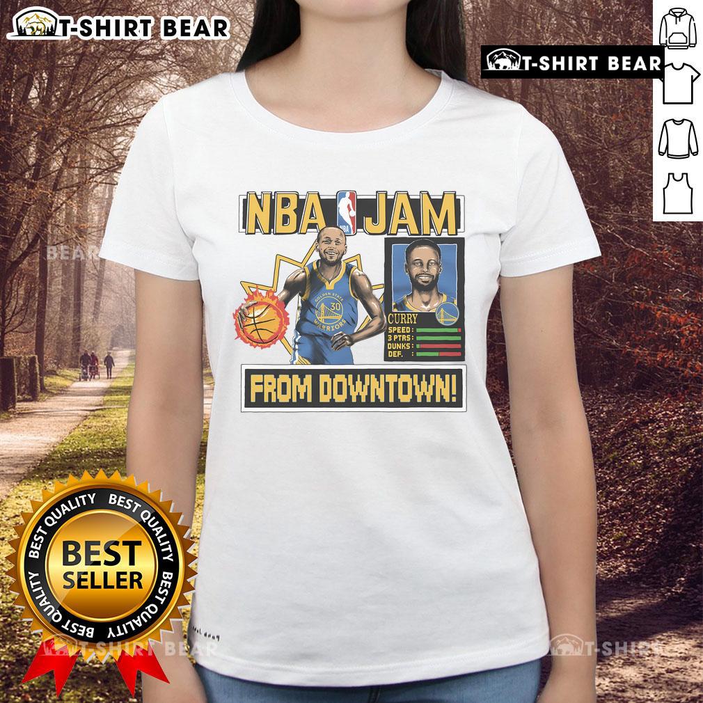 Official Golden State Warriors Stephen Curry Homage Royal NBA Jam Ladies Tee featuring vibrant team colors and design.