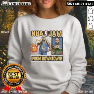 Alt Text: Official Golden State Warriors Stephen Curry Homage Royal NBA Jam Sweatshirt showcasing vibrant team colors and logo.