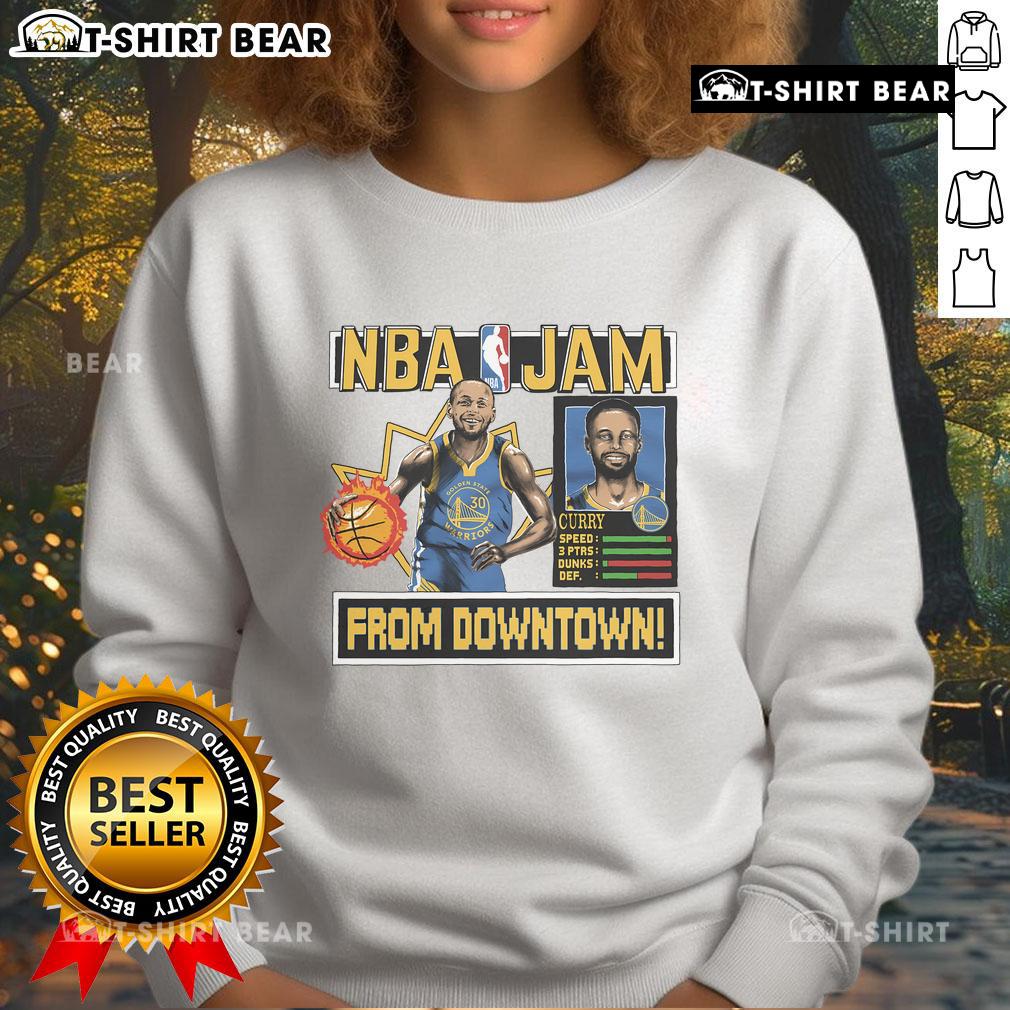 Alt Text: Official Golden State Warriors Stephen Curry Homage Royal NBA Jam Sweatshirt showcasing vibrant team colors and logo.
