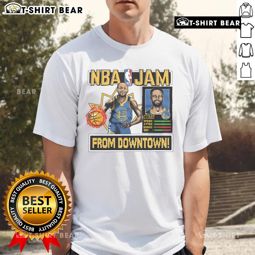 Alt Text: Official Golden State Warriors Stephen Curry homage T-shirt in royal blue, featuring NBA Jam graphics and logo.