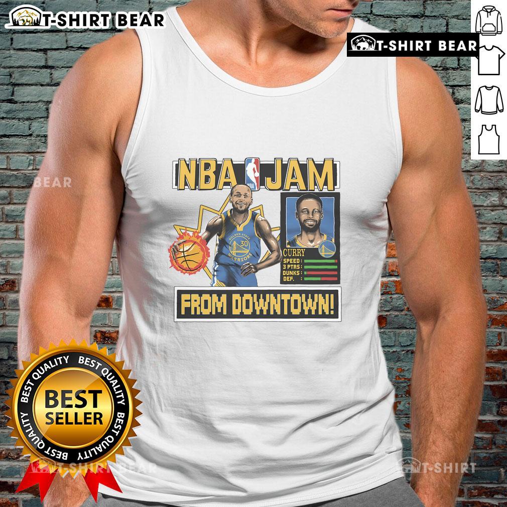 Stephen Curry wearing the Official Golden State Warriors NBA Jam Tank Top in royal blue, showcasing team spirit and style.