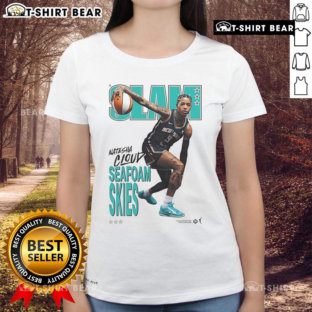 Official Natasha Cloud Slam Seafoam Skies Ladies Tee featuring vibrant colors and stylish design for sports fans.