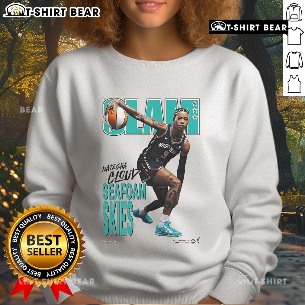Official Natasha Cloud Slam Seafoam Skies Sweatshirt featuring vibrant color and stylish design for sports enthusiasts.