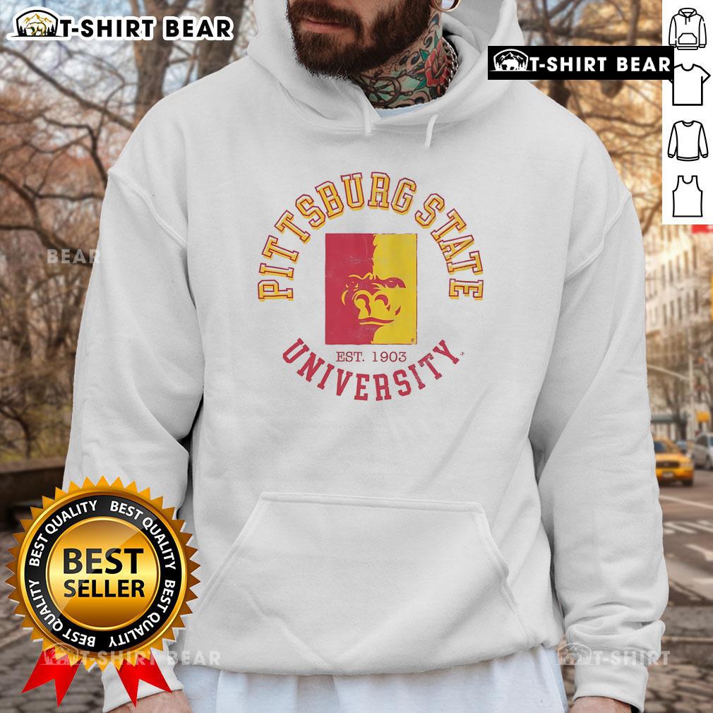 Vintage Pittsburg State Gorillas Circle Hoodie featuring classic design and school colors, perfect for fans and alumni.