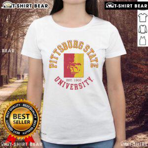 Official Pittsburg State Gorillas Circle Vintage Ladies Tee featuring a stylish design and vibrant school colors.