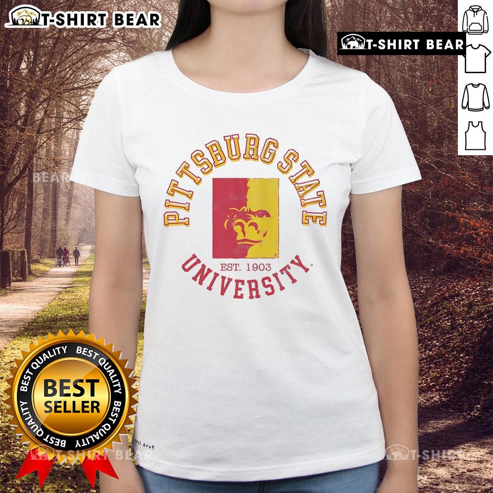 Official Pittsburg State Gorillas Circle Vintage Ladies Tee featuring a stylish design and vibrant school colors.