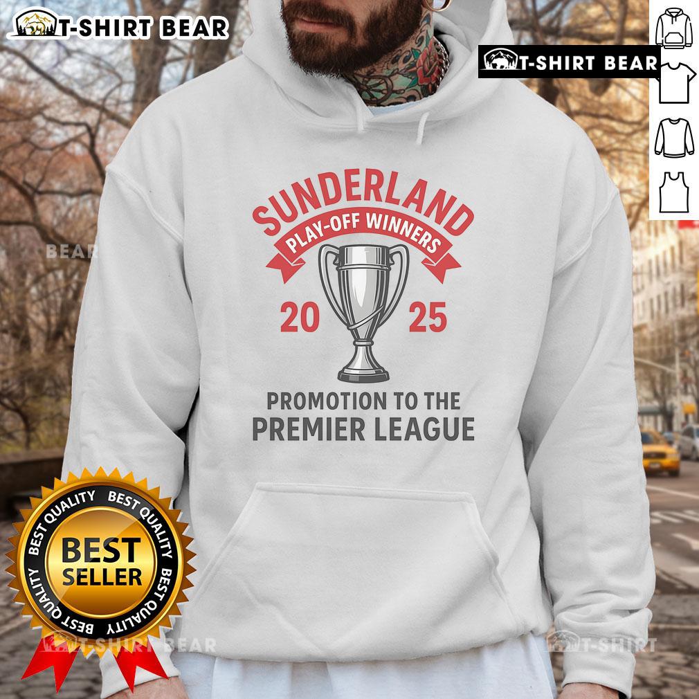 Official Sunderland Play-Off Winners 2025 Hoodie featuring team colors and logo, perfect for fans celebrating victory.