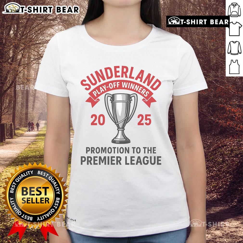 Alt Text: Official Sunderland Play-Off Winners 2025 Ladies Tee showcasing team pride and vibrant design for fans.