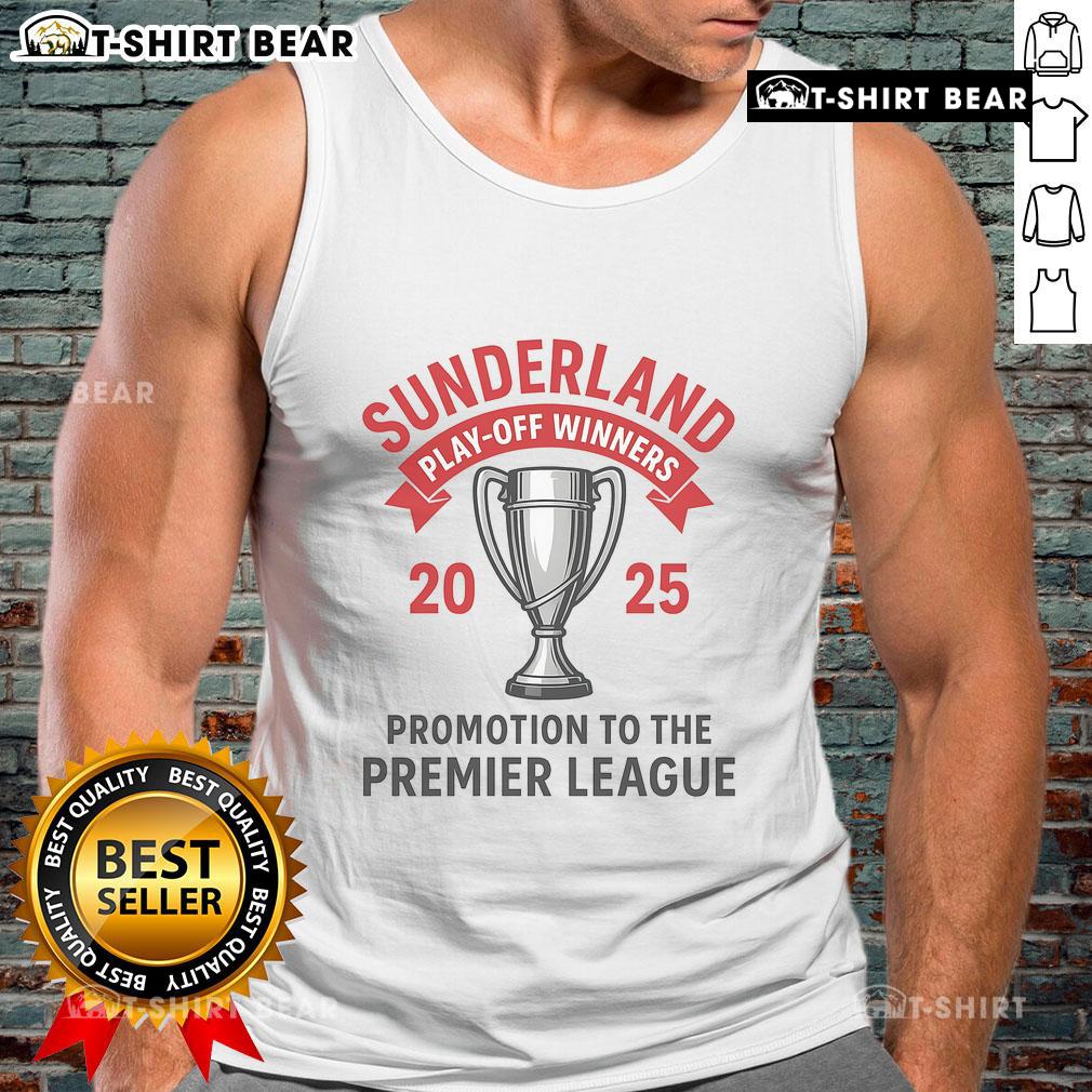 Official Sunderland Play-Off Winners 2025 tank top featuring team colors and logo, perfect for fans celebrating victory.
