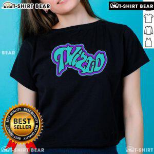 Alt Text: Official Twiztid Mostasteless 8-Bit Wavy Logo Ladies Tee featuring vibrant graphic design on a stylish women's shirt.