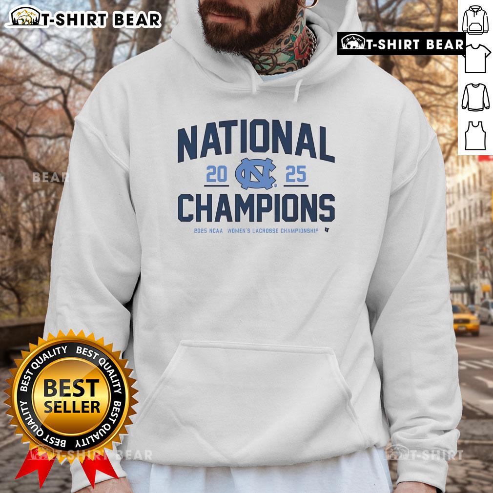 Official UNC Women's Lacrosse 2025 National Champions Hoodie featuring team colors and logo, perfect for fans and supporters.