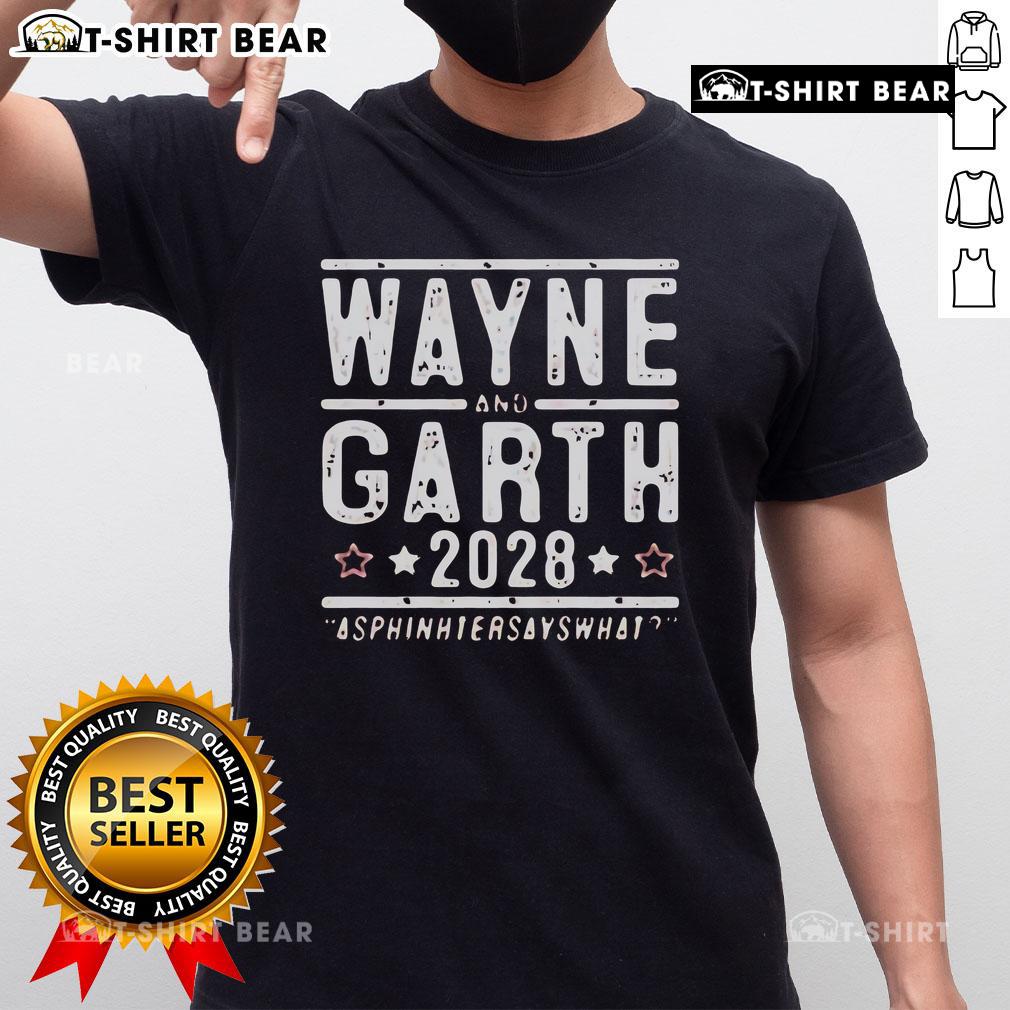 Official Wayne and Garth 2028 Asphinhtersayswhat T-Shirt featuring iconic characters and bold graphic design.