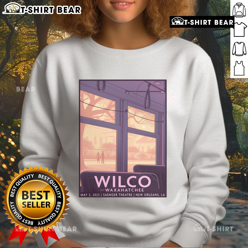 Alt Text: Official Wilco Waxahatchee tour poster for New Orleans, featuring vibrant artwork on a sweatshirt for the May 3, 2025 concert.