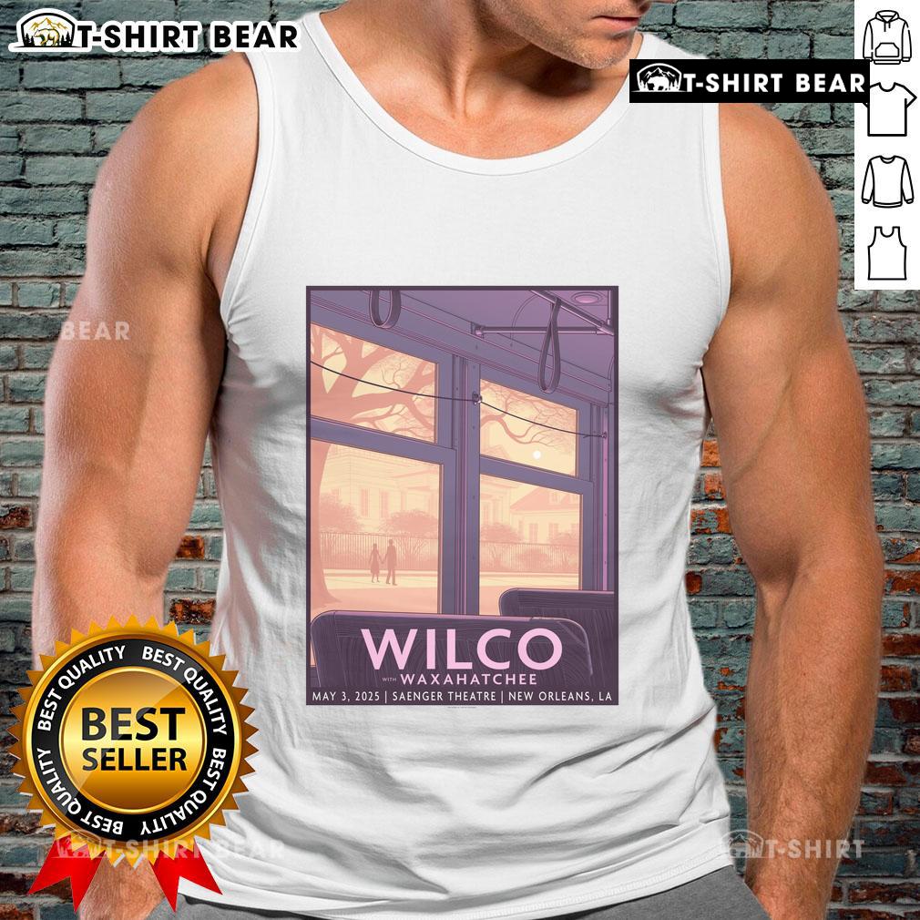 Official Wilco Waxahatchee Tour New Orleans 2025 poster on a tank top, featuring vibrant design and concert details.