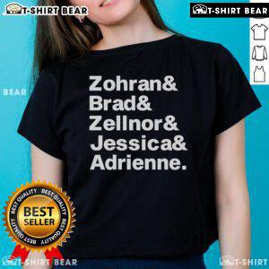 Official Zohran Brad Zellnor Jessica and Adrienne Ladies Tee showcasing vibrant design and stylish fit for women's fashion.