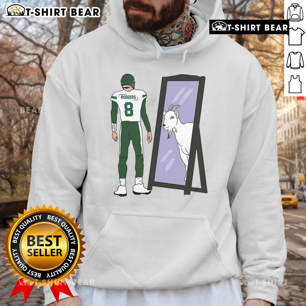 Alt Text: Premium Aaron Rodgers Mirror GOAT New York Jets Hoodie featuring vibrant team colors and a stylish design.