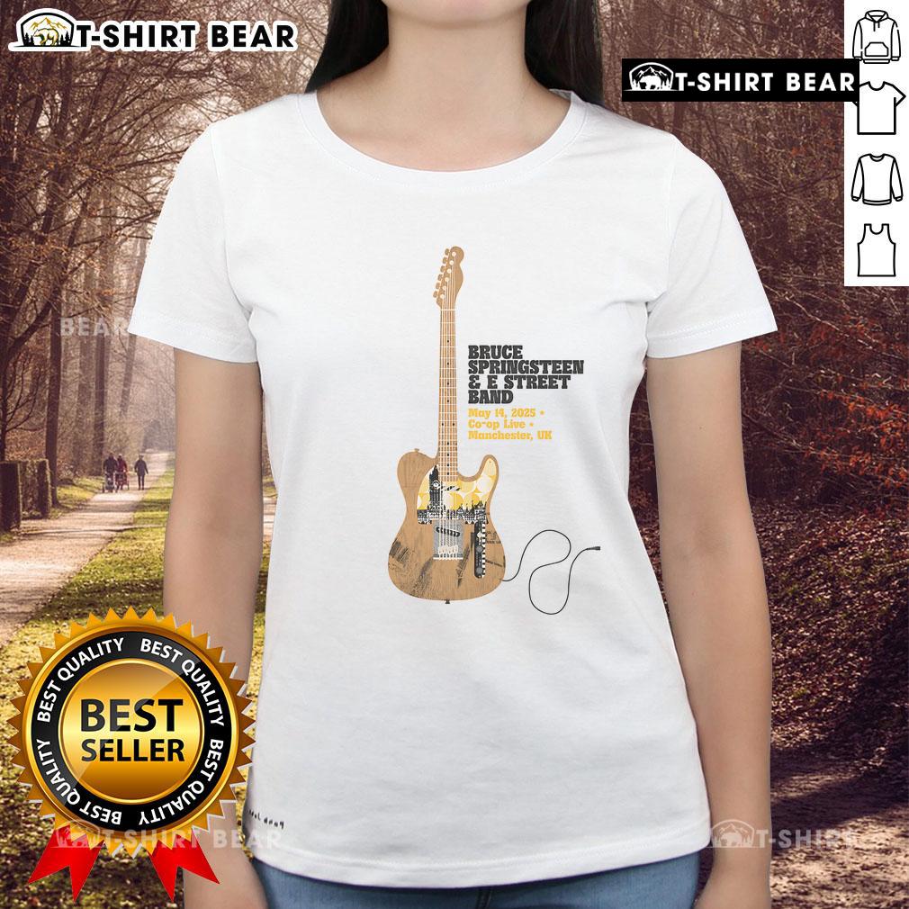 Alt Text: Premium Bruce Springsteen E Street Band on tour May 14, 2025, in Manchester, UK, featuring a stylish guitar rock ladies tee.
