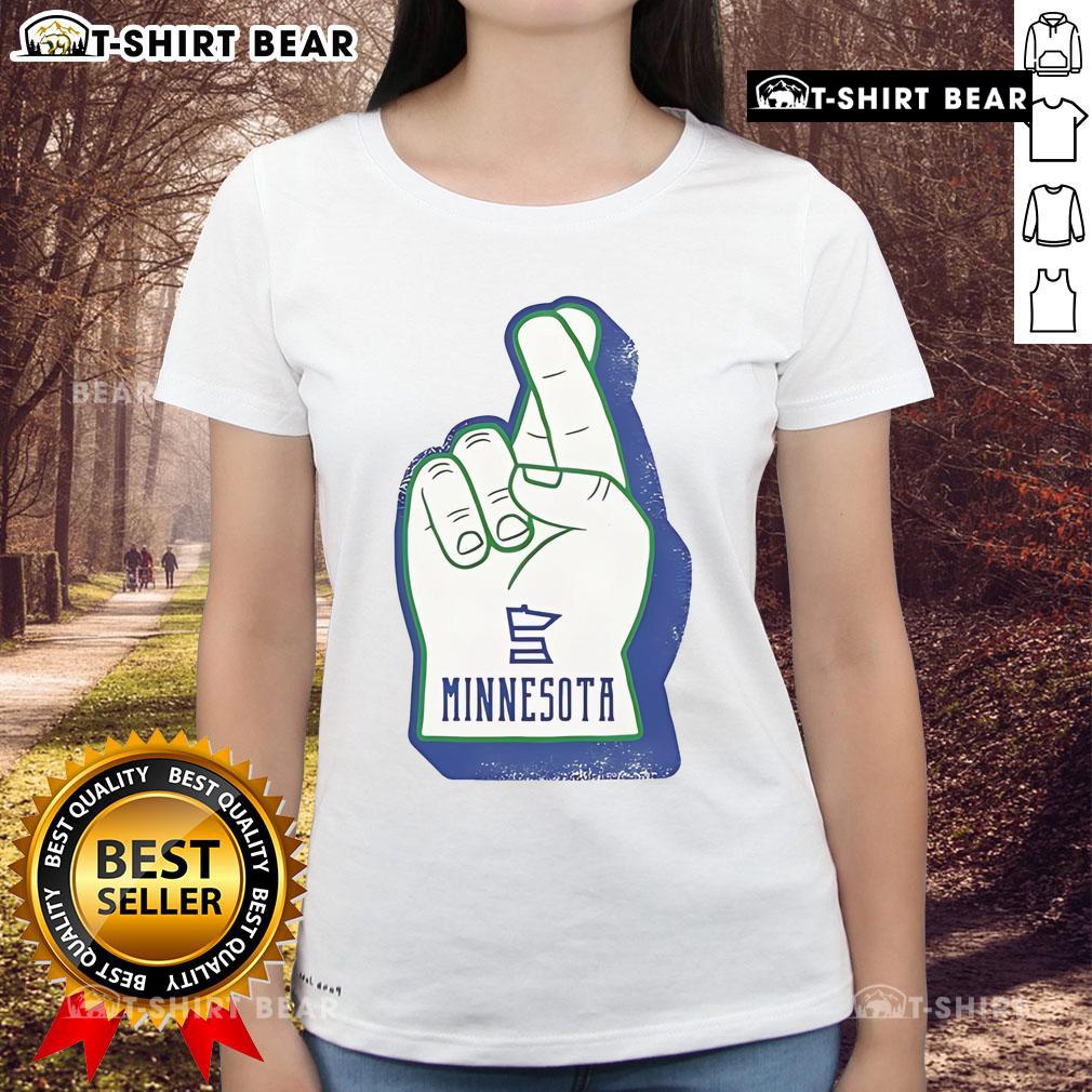 Premium Foam Finger Minnesota Ladies Tee showcasing vibrant team colors and stylish design for passionate fans.