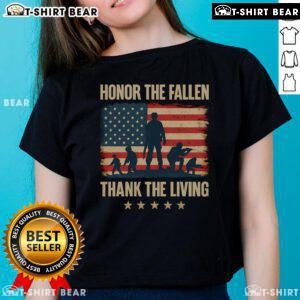 Premium Honor The Fallen Thank The Living America Flag Ladies Tee featuring a patriotic design and comfortable fit.