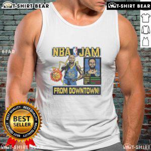Premium NBA Jam Warriors Stephen Curry tank top featuring vibrant graphics and comfortable fit for fans and players.