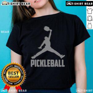 Premium silver pickleball sports logo on a stylish ladies tee, perfect for pickleball enthusiasts and casual wear.