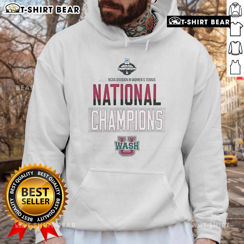 Premium WashU 2025 NCAA D3 Women's Tennis National Champions Hoodie showcasing team pride and championship graphics.